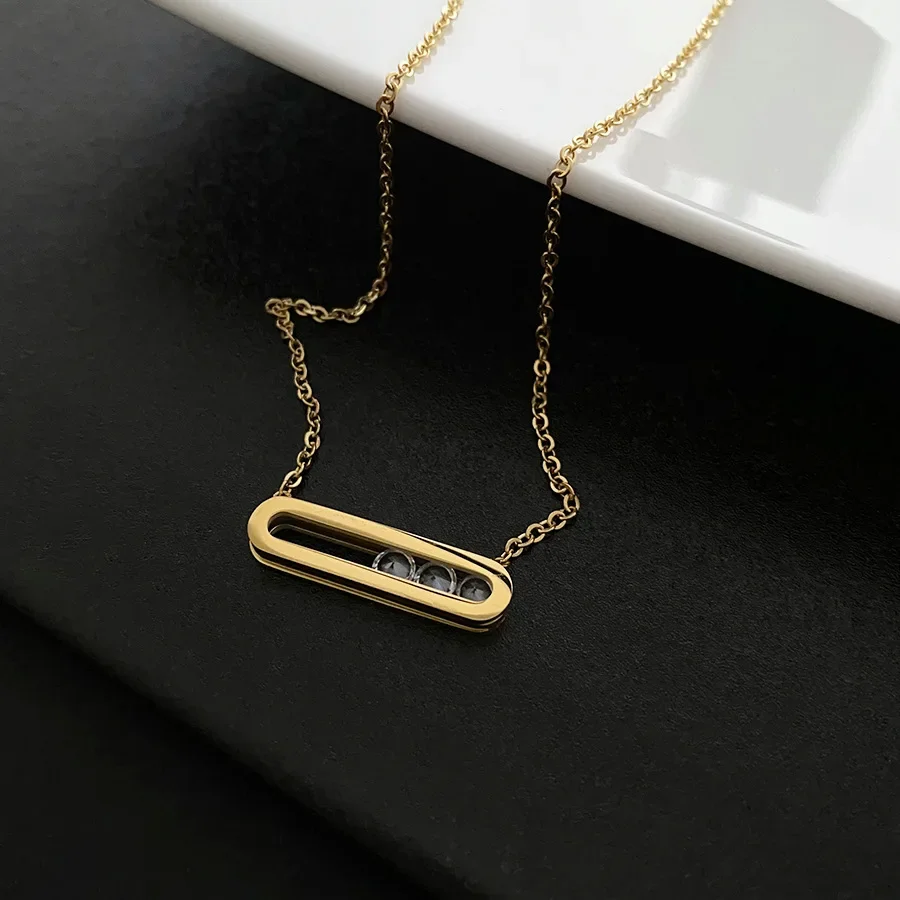 Titanium Steel Not Fade Necklace Female Rectangular Banboo pendant Zircon Clavicle Chain Plated Gold color Simple Jewelry