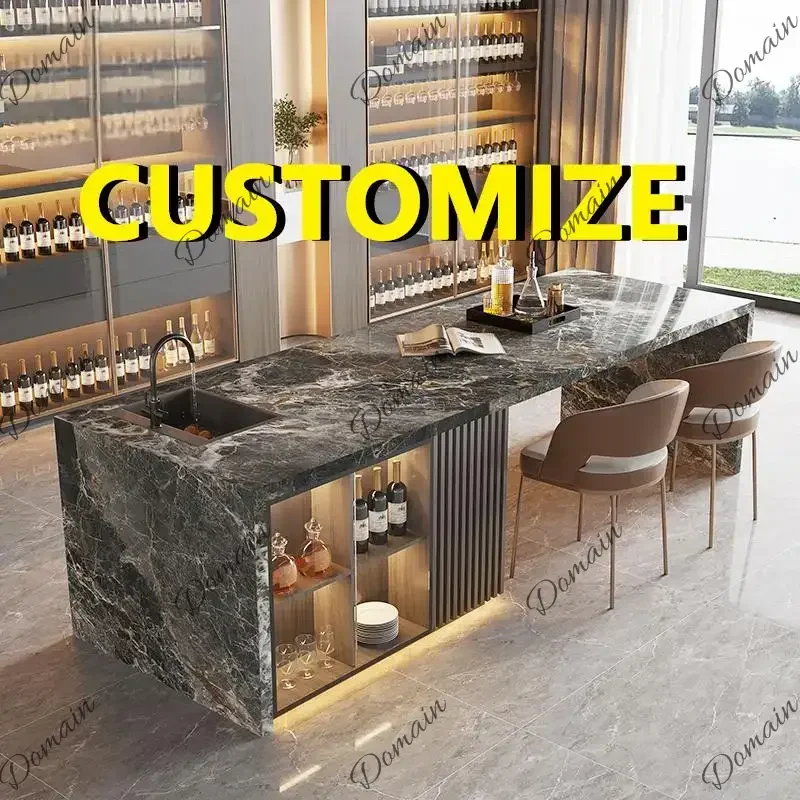PL Any Size Custom Luxury Movable Marble Kitchen Island Dining Table Built In Sink 2 Tier Storage Cabinet Home Open Kitchen Cabi