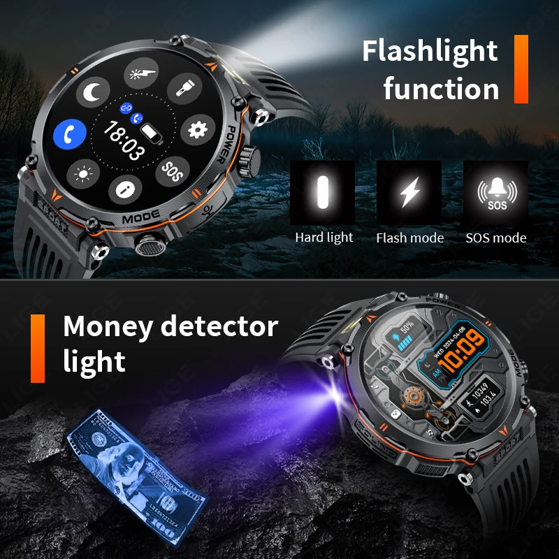 LIGE nuevo reloj inteligente 2024 UV linterna brújula impermeable reloj deportivo llamada inalámbrica 600mAh batería grande al aire libre Smartwatch hombres