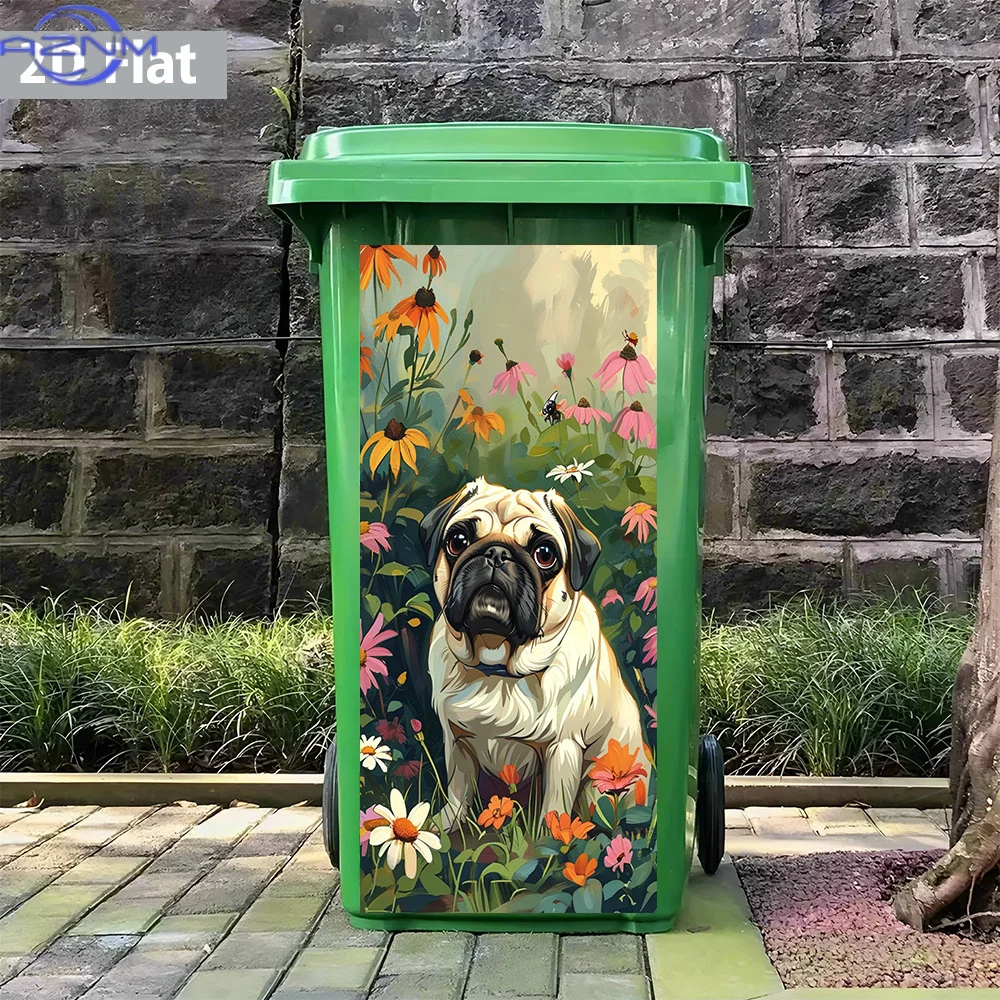1pc Vibrant Floral Pug Themed PVC Adhesive Stickers, Waterproof Removable for Trash Can Decoration, Wall Art, Home Murals, 30.