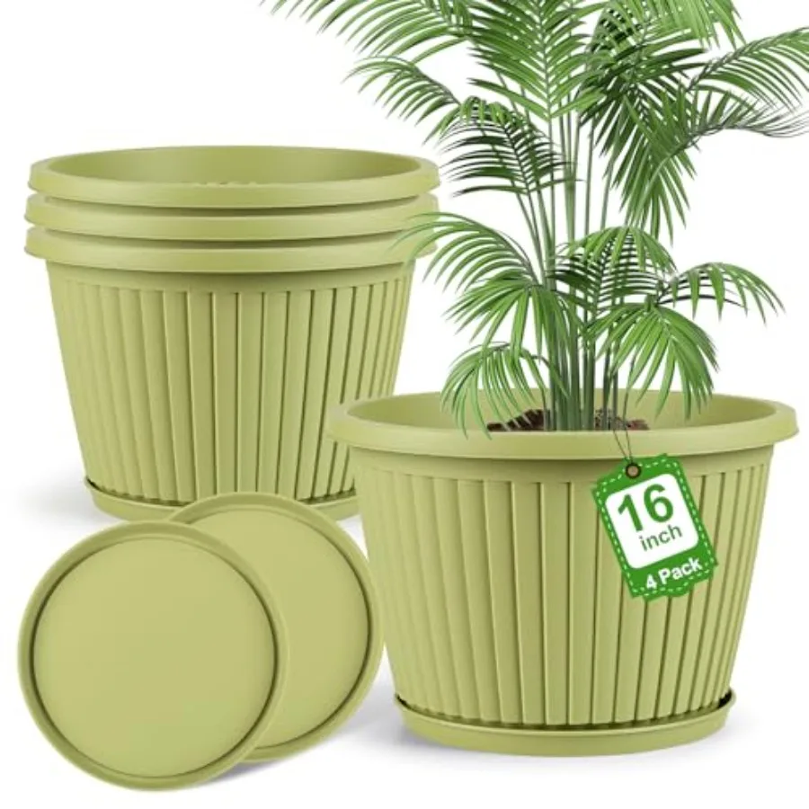 

16-дюймовые большие пластиковые горшки для уличных растений, комнатные цветочные горшки с дренажными отверстиями и поддонами, 4 штуки, декоративные садовые кашпо