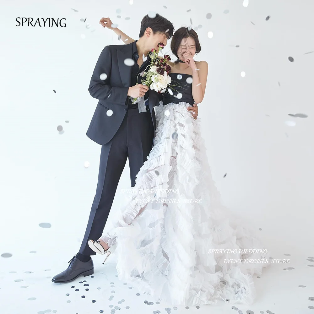 

SPRAYING Korea Wedding Party Dresses Contrast Color A-line Strapless Pleat Bridal Gown 웨딩드레스 Sweep Train Custom Made