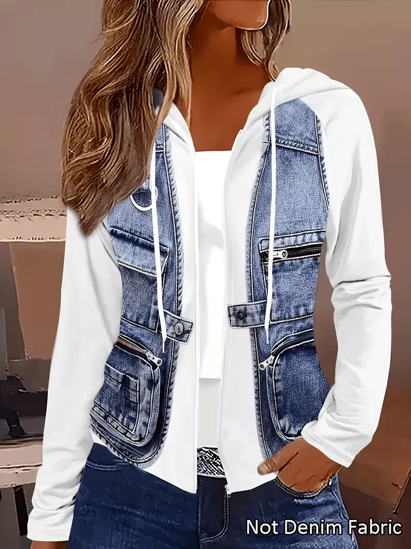 Plus Size Women Hooded Zip Up Jacket, Faux Denim Print Patchwork Long Sleeve Open Front Hoodie