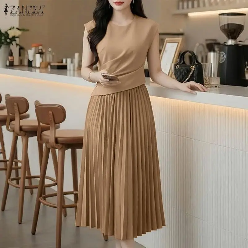 ZANZEA Mode Vrouwen Geplooide Lange Jurk Sexy Mouwloze Solid Elegant Party Vestidos 2026 Zomer O-hals Streetwear Kantoor Gewaad