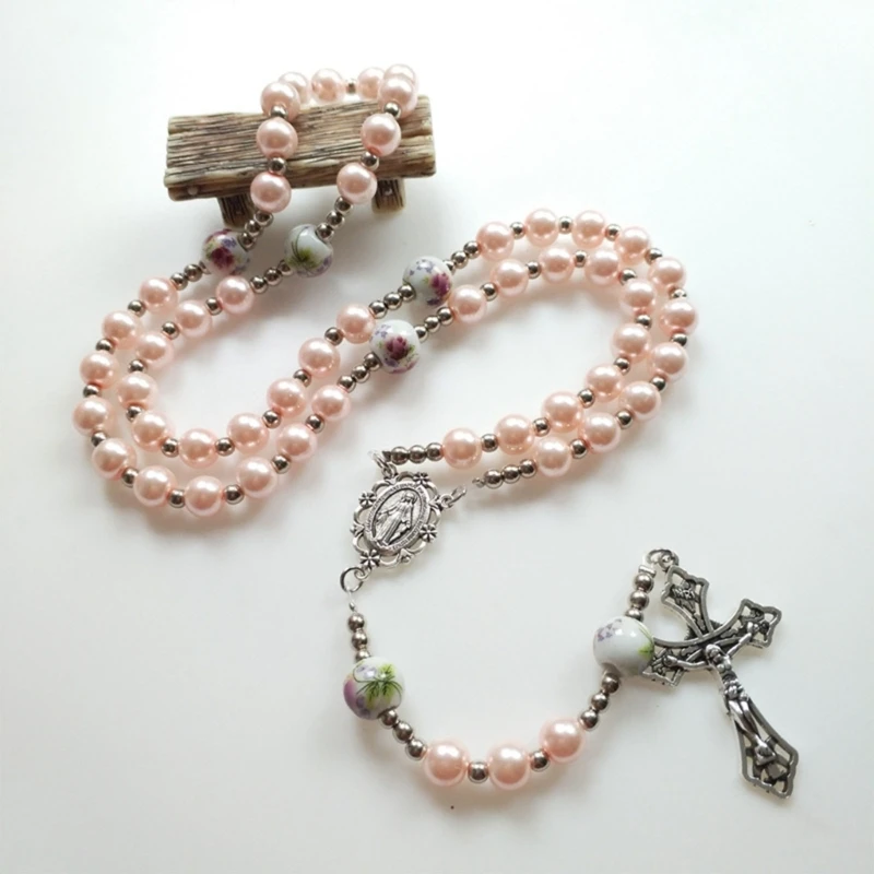Handmade Glass Bead Rosary Catholic Necklace for Women Girls Jewelry Jesus for Cross Pendant Religious Prayer Necklaces Y5GB