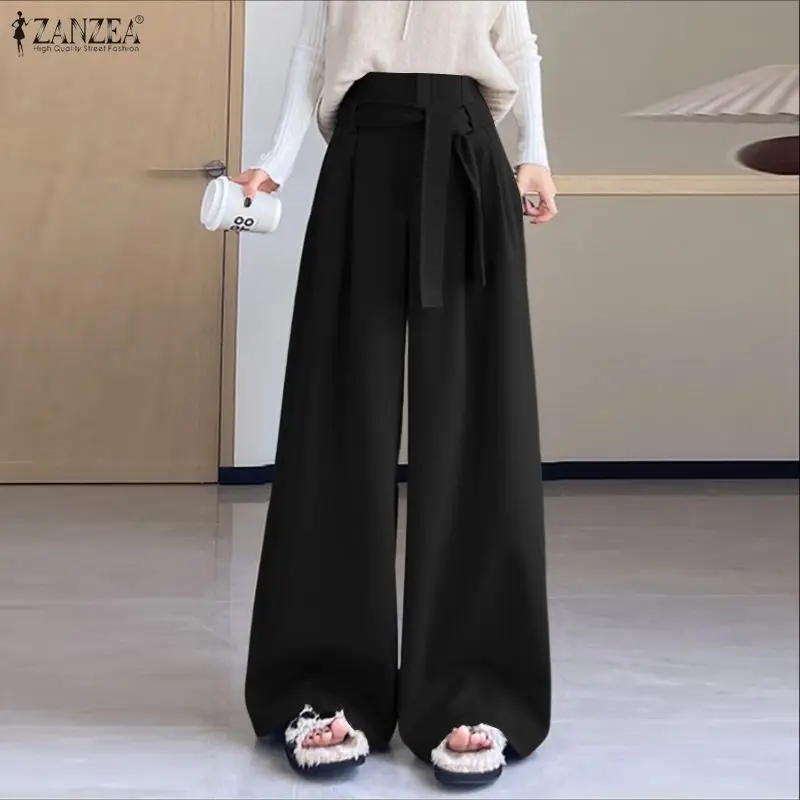 2026 zanzea calças femininas elegantes ol trabalho calças de perna larga casual cintura elástica solta pantalon cor sólida plissado palazzo rua