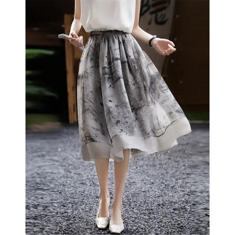 Women's Summer Retro Commute Elastic High Waisted Patchwork Umbrella Skirt with Flowing Ink Printed Fluffy Imitation Silk Skirt