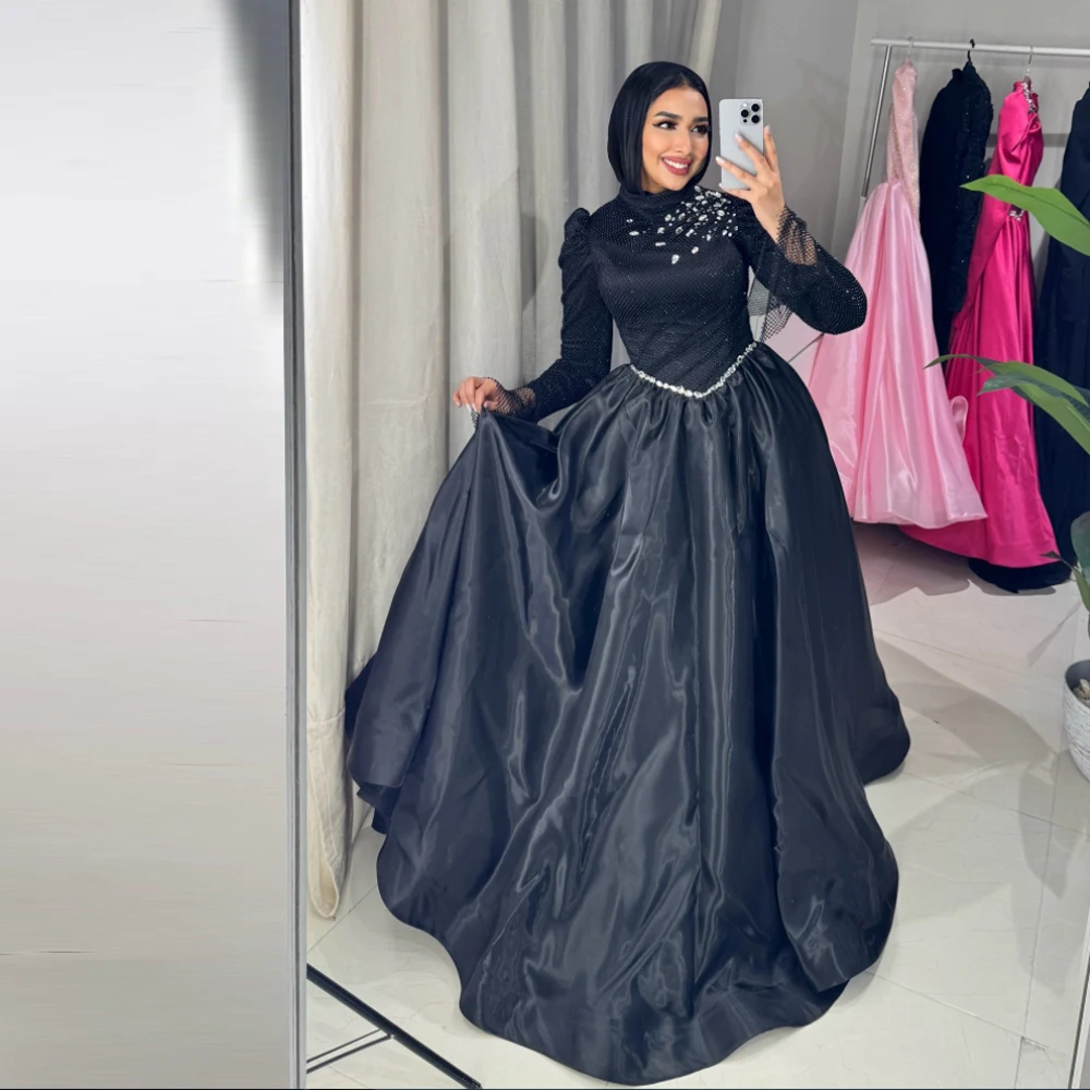 

Customized Vintage Black Muslim Evening Dresses with Scarf Crystal Emebellish A Line Organza Abiye Forml Dress