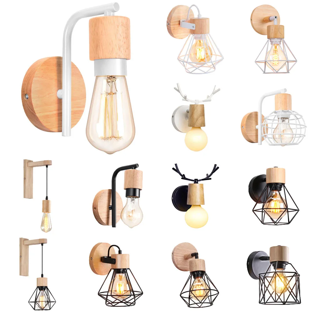 

Modern LED Wall Lights Nordic Wood Wall Lamps Sconce E27 Retro Bedside Vintage Indoor Lighting Fixture Living Room Home Decor