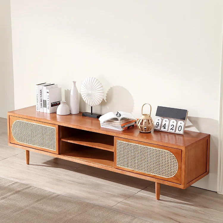 Nordic log rattan woven TV cabinet Modern simple solid wood living room integrated storage cabinet Audiovisual cabinet