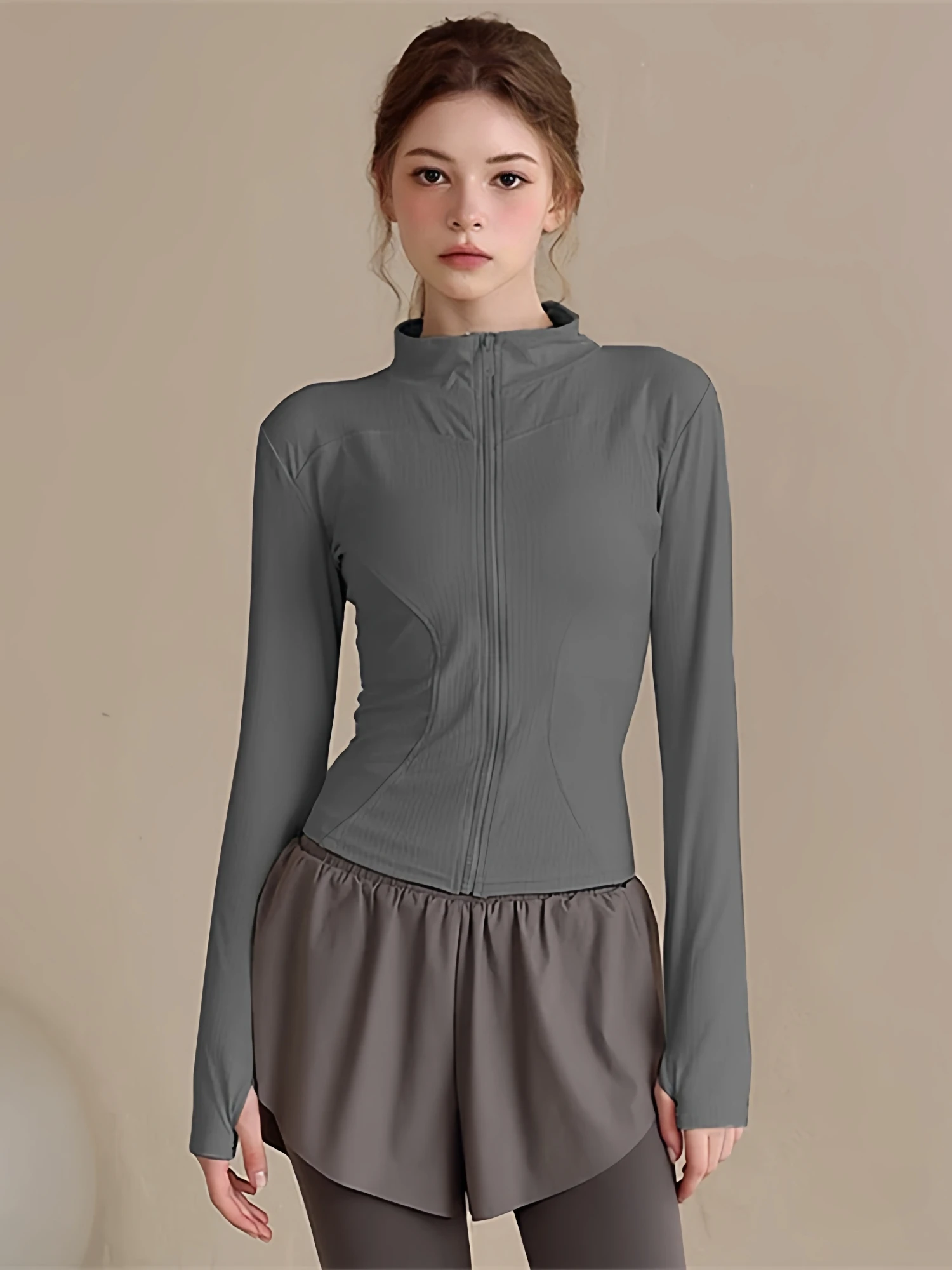 

Женская спортивная кофта для йоги на осень-зиму, новая, на молнии, приталенная, быстросохнущая, с длинным рукавом, с высоким воротником, для фитнеса