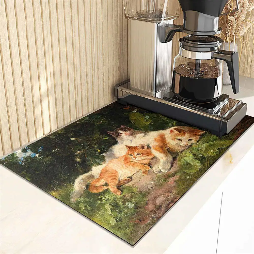 Oil Painting Cat Drawing Drain Mat Absorbent Dish Fast Drying Drainer Mats Dinnerware Tableware Placemat Kitchen Bathroom Rugs