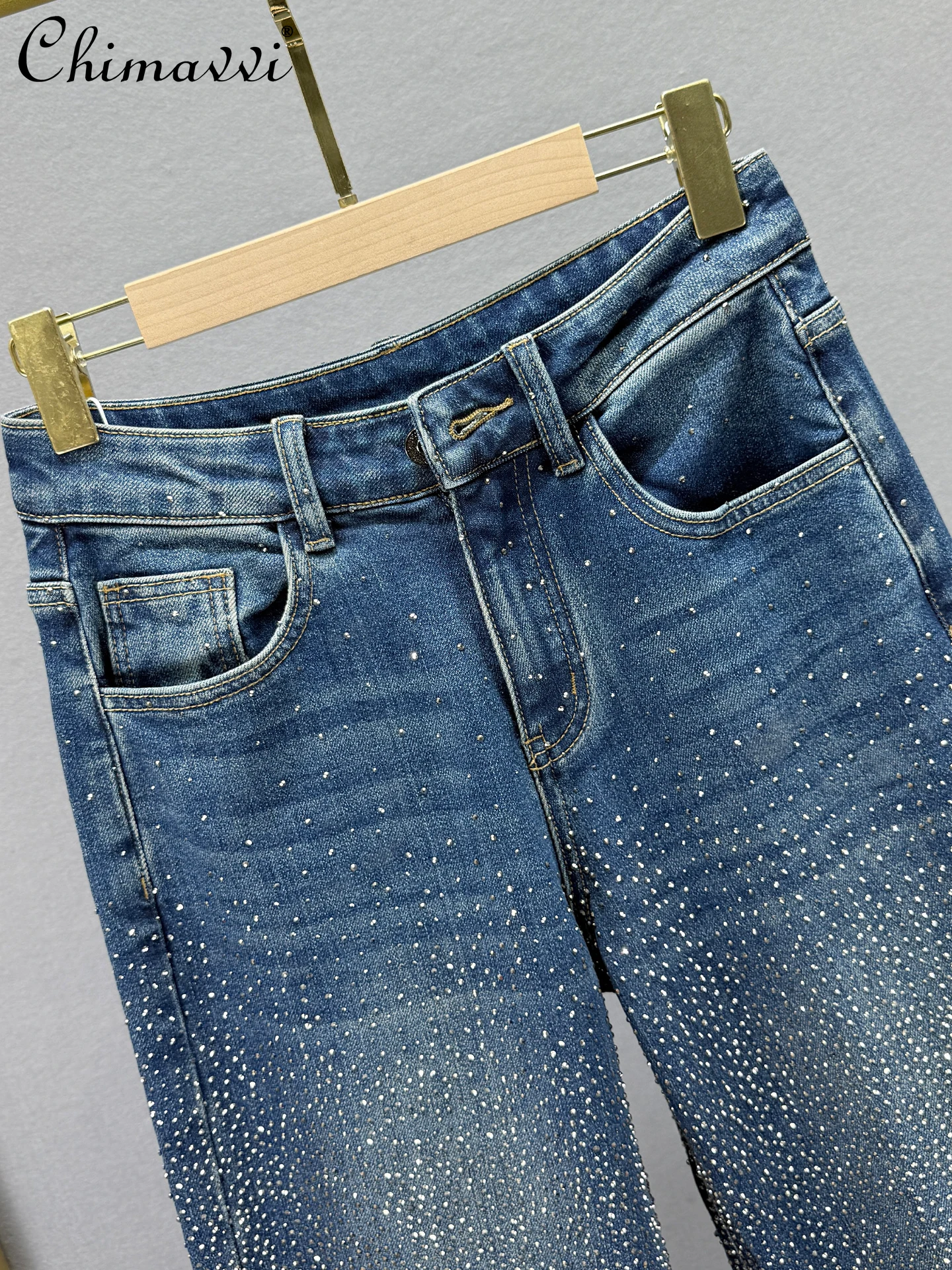 Pantalones vaqueros con forro polar para mujer, nueva moda de invierno, cintura alta, ajustados, estilo europeo, cielo estrellado, diamantes de imitación, pierna ancha, hasta el suelo