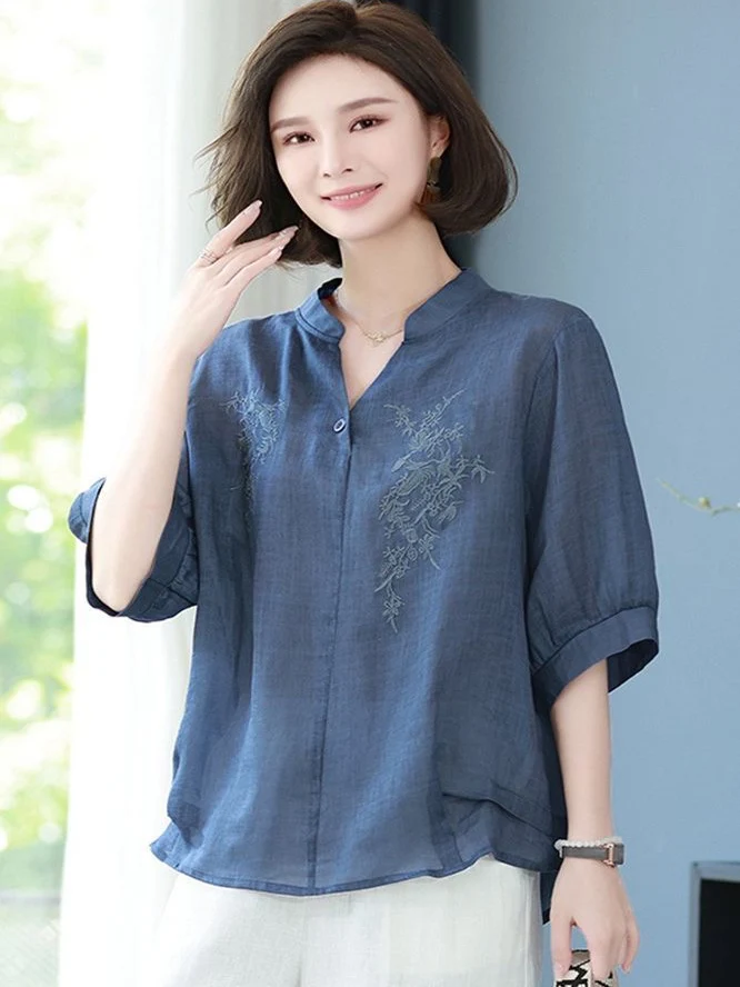 

Women's Cotton Linen Loose Fit ort Sve irt Summer New Sle V-Ne Embroidered Decorated Thin Cotton Linen Top