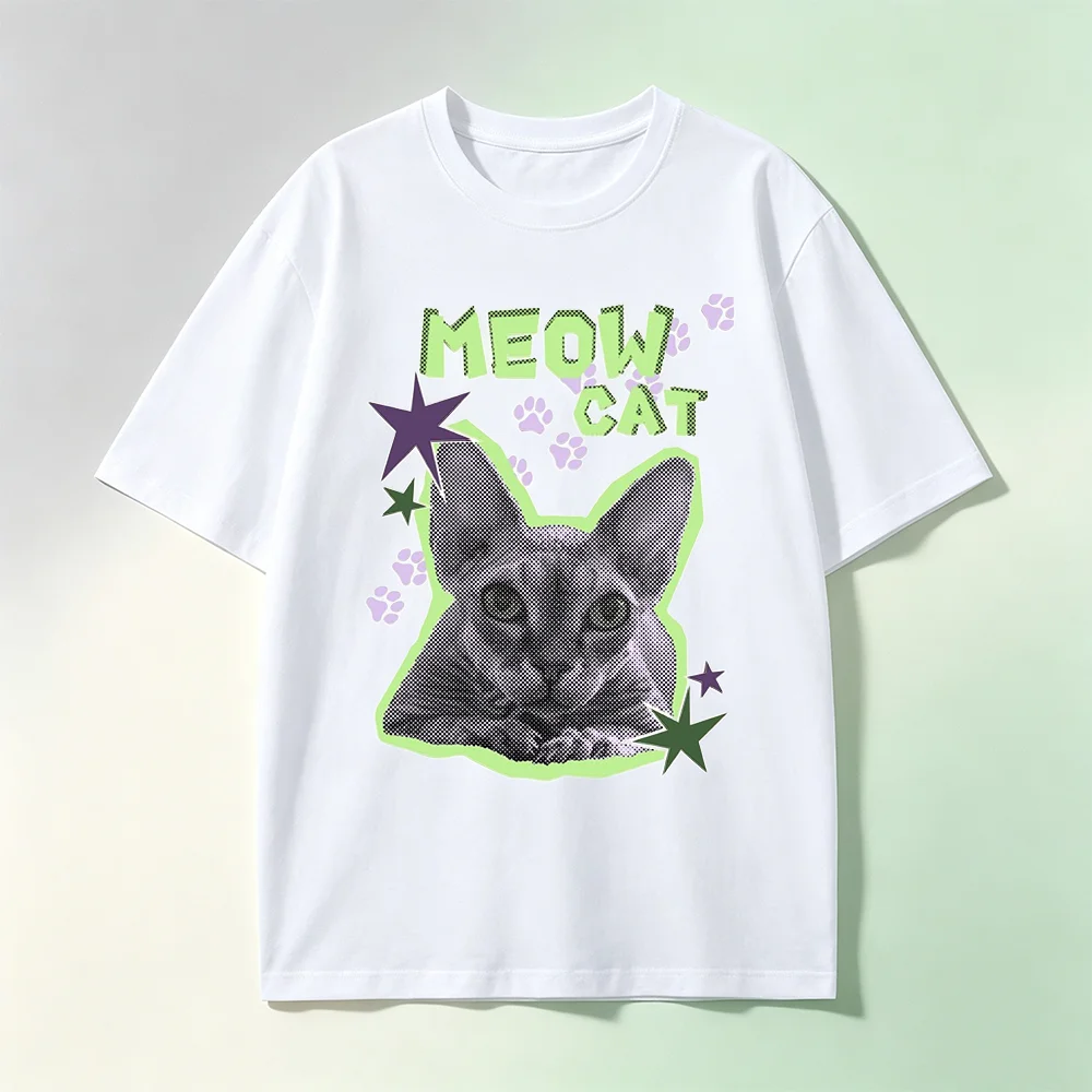 Y2K Meow Cat Graphic T‑Shirt Retro Halftone Sphynx Cat Star Paw Print Oversized Short Sleeve Loose Cotton Streetwear Tops
