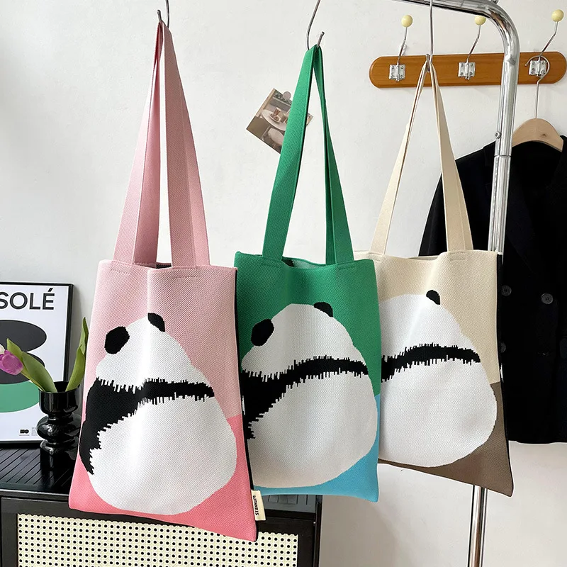 2023 New Cute Panda Shoulder Bag Fabric Knitted Handbag Large Capacity Tote Bags for Women Trend Design All-match Storage Bag