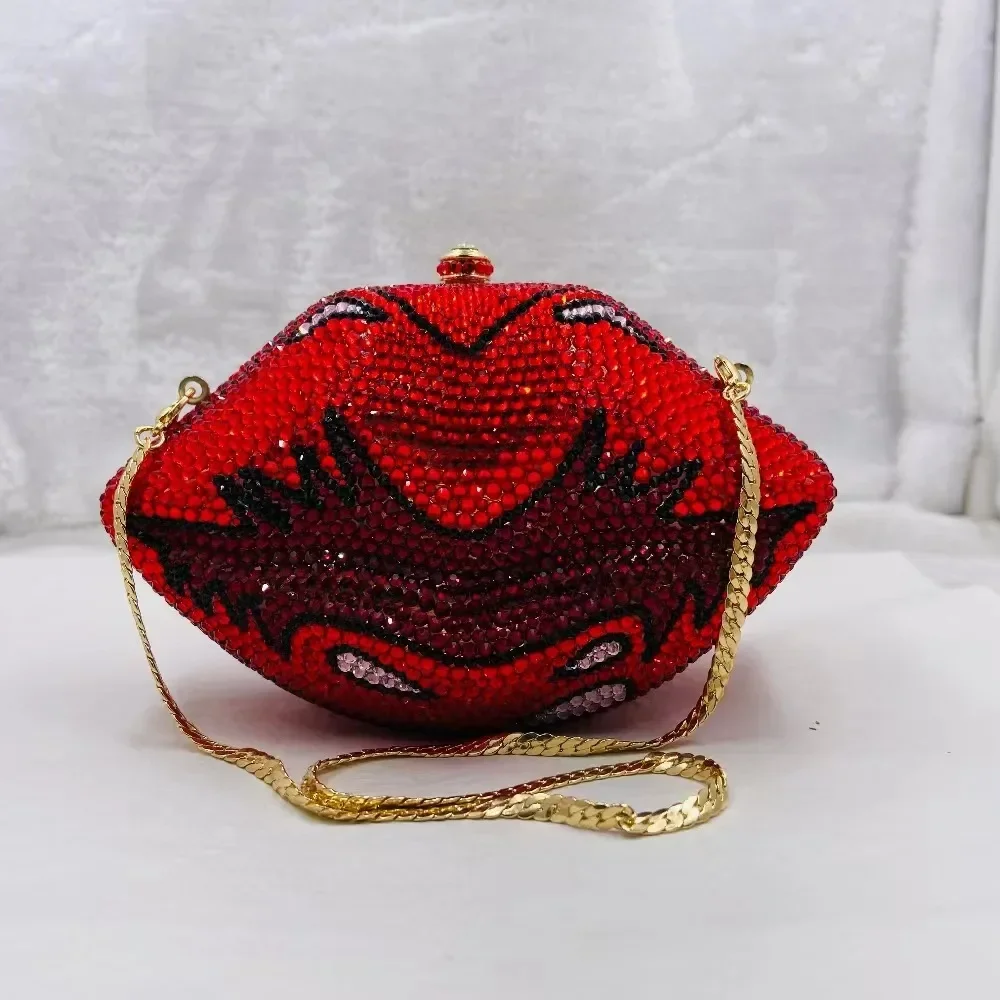 XIYUAN Woman Lip Shape Crystal Stone Evening Bag Wedding Bridal Diamond Red AB Handbag Cocktail Party High Quality Clutch Purse