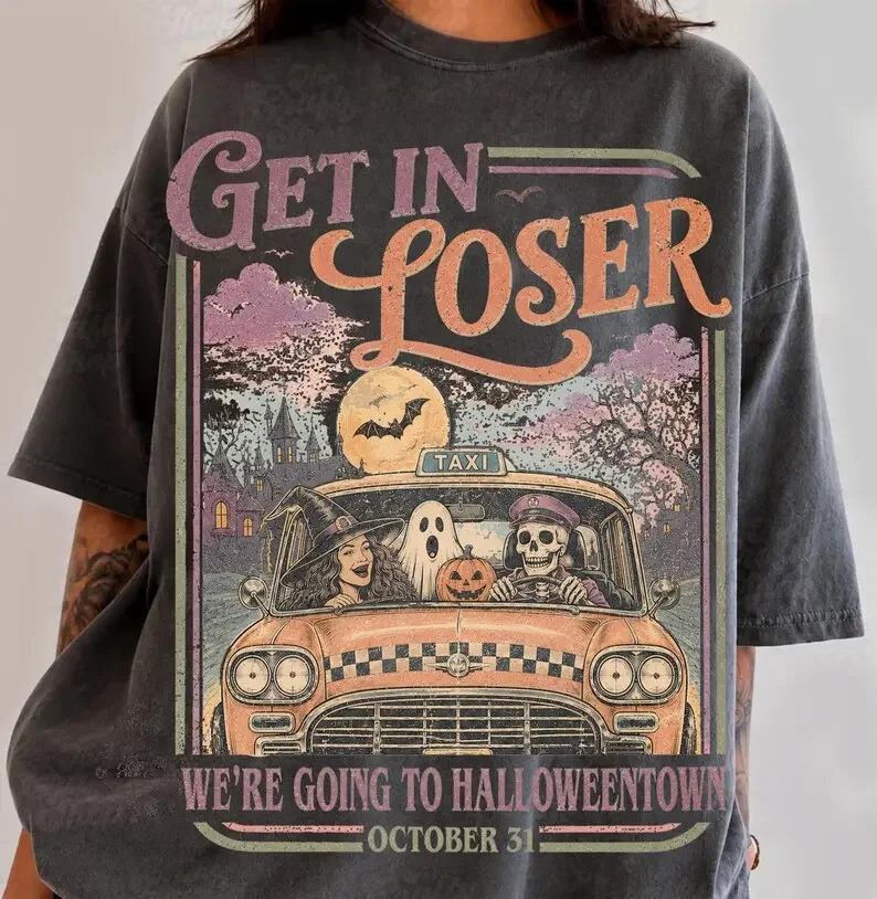 Comfort Colors Get in Loser Halloween Shirt, Spooky Season Taxi Ride Graphic Tee, Retro Halloween Friends T-Shirt, Funny Halloween Movie Inspired Apparel, Fall Gift