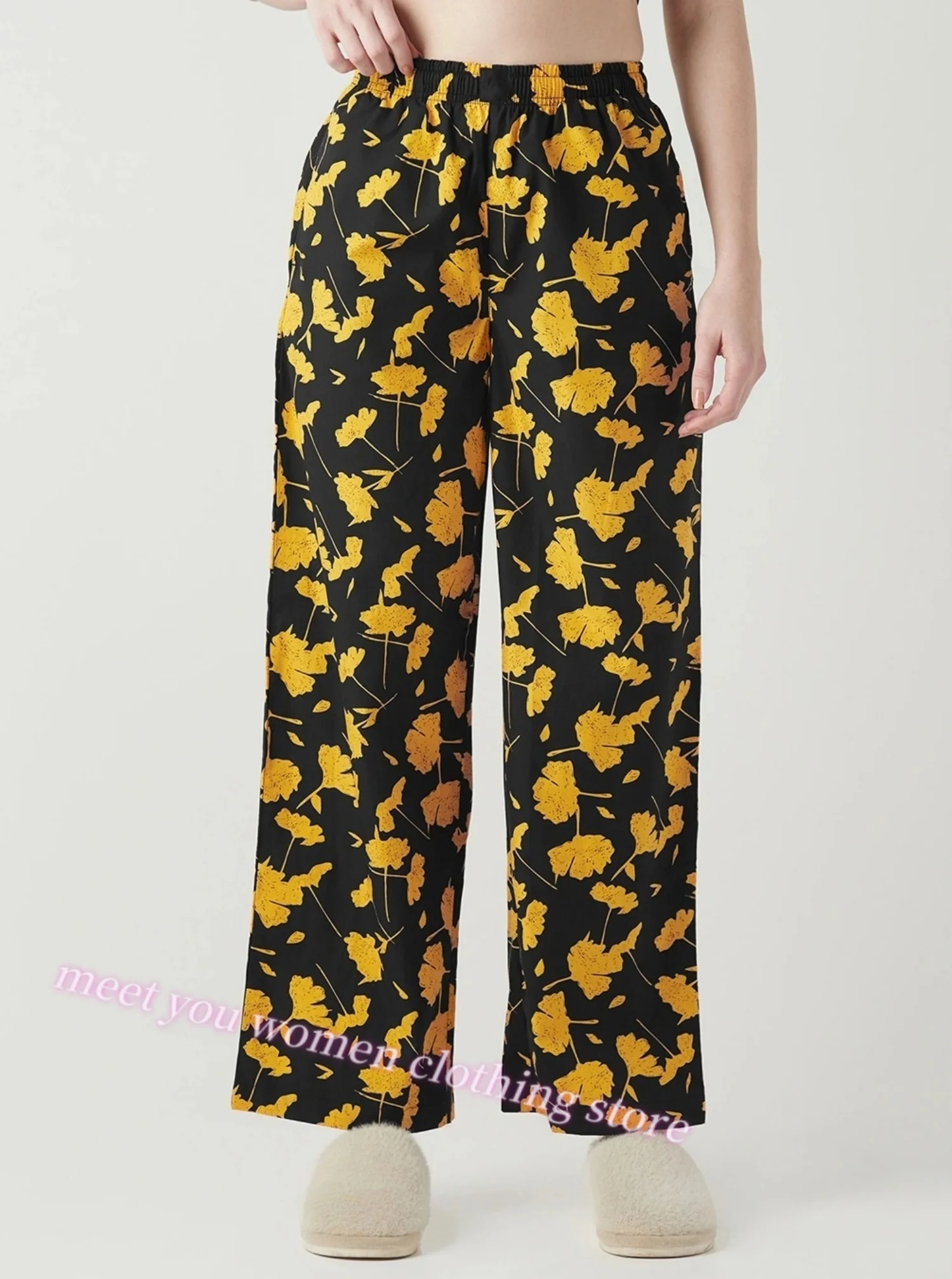 Spring Women's Pajama Pants Straight-Leg Thin Ginkgo Leaves Print Casual Daily Adults Home Pajama Trousers Women Clothing