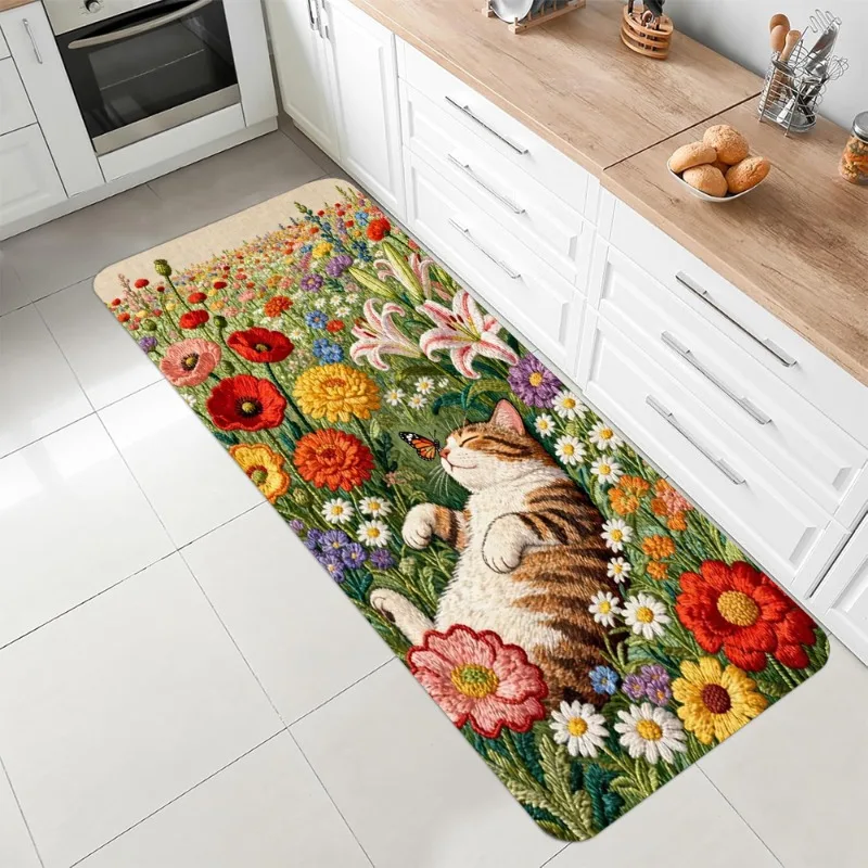 Läuferteppich mit süßem Katzen-Blumendruck, rustikaler Stil, Heimdekoration, Kunststickerei, langer Teppich, weiche, rutschfeste Bodenmatte für Flur, Schlafzimmer