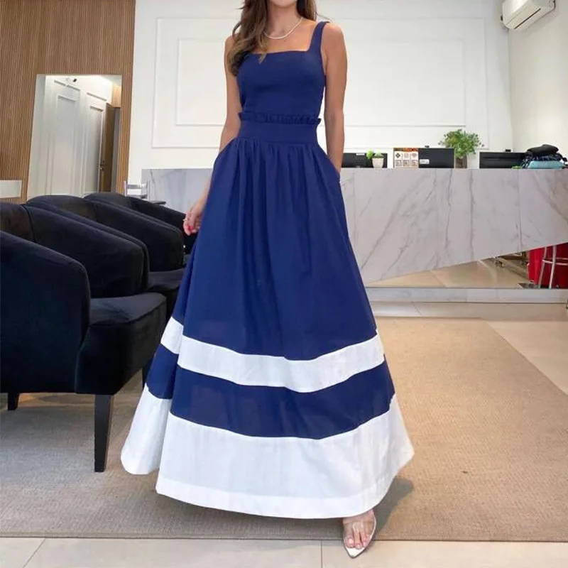 

Summer Sleeveless Female Navy Beach Dress Fashion Casual Slash Neck Spaghetti Straps High Waist Street Long Sundress