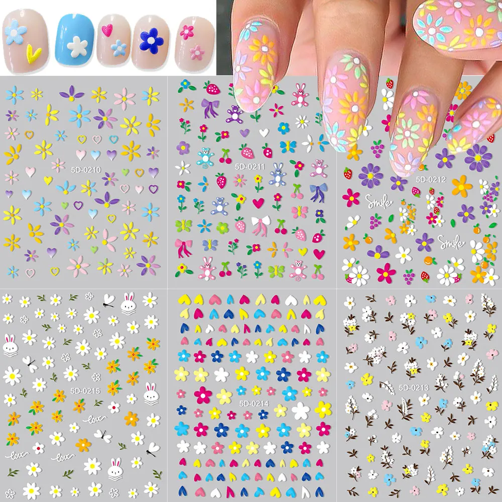 6pcs 꽃 데이지 네일 스티커 트위터 세트 5D 핑크 화이트 귀여운 데이지 작은 꽃 네일 데칼 접착제 여름 꽃 손톱