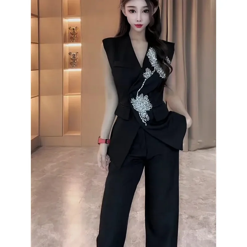 2026 Summer Arrival Heavy 3D Decorated Waist-Cinching Slimming V-Neck Sleeveless Top + High-Waisted Wide-Leg Pants Two-Piece Set