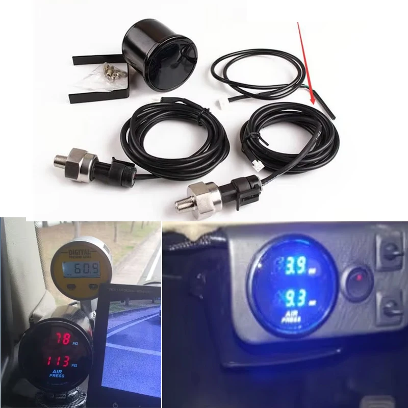 

2"52mm Dual Digital Display Air Pressure Gauge 0-290 PSI Air Suspension Air Ride +Sensor 2M/5M Wire LED Air Ride Air Press