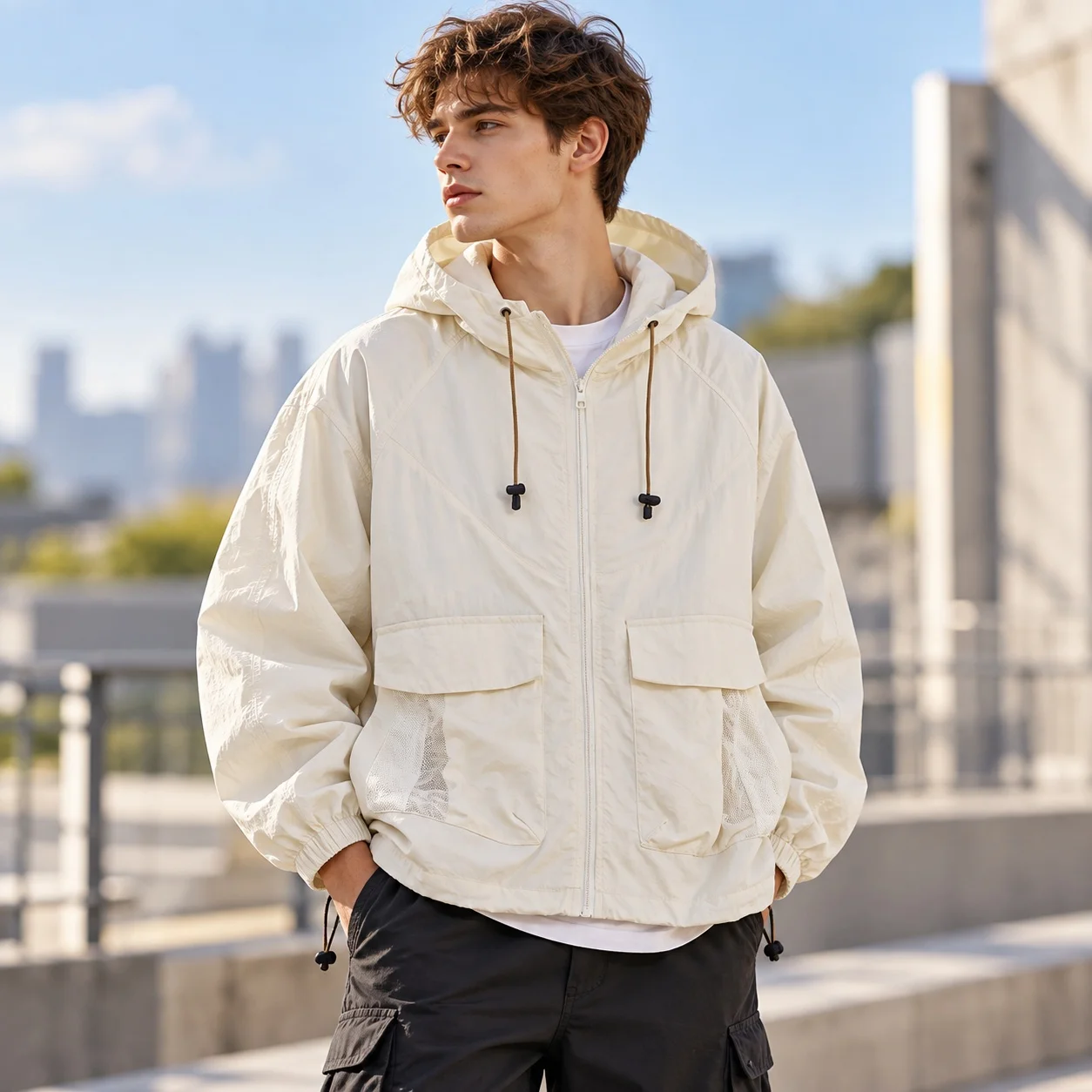 Hooded Pocket Loose Fit Coat Modern Minimalist with 3D Pocket Patch Decoration Casual Jacket Summer Men Jacket