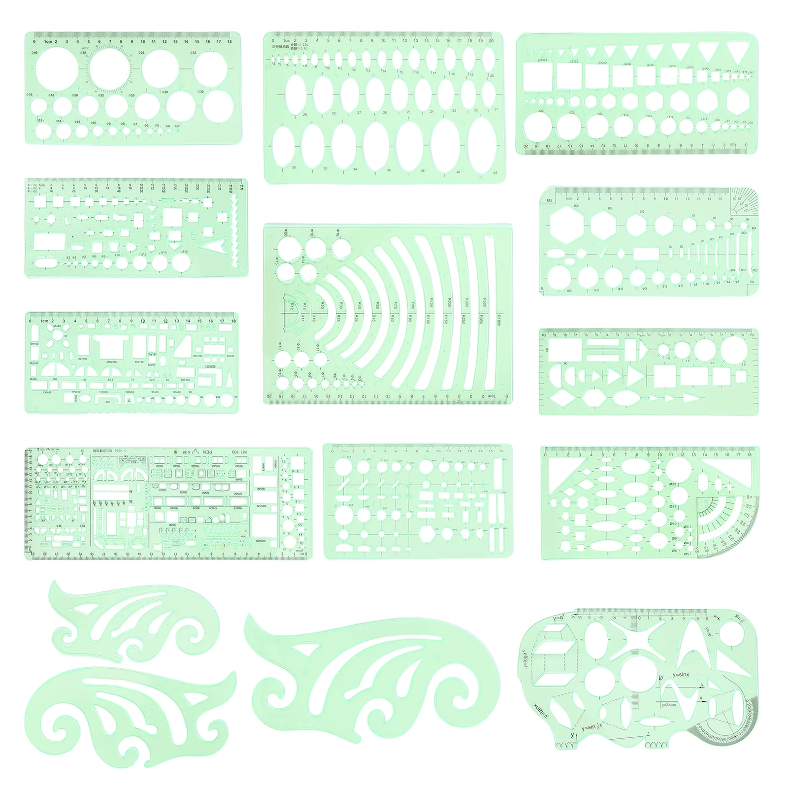 15 Pcs Design Ruler Templates for Drawing Measuring Geometric Plastic Rulers Hand Gauge Architectural Scale Drafting Tools High