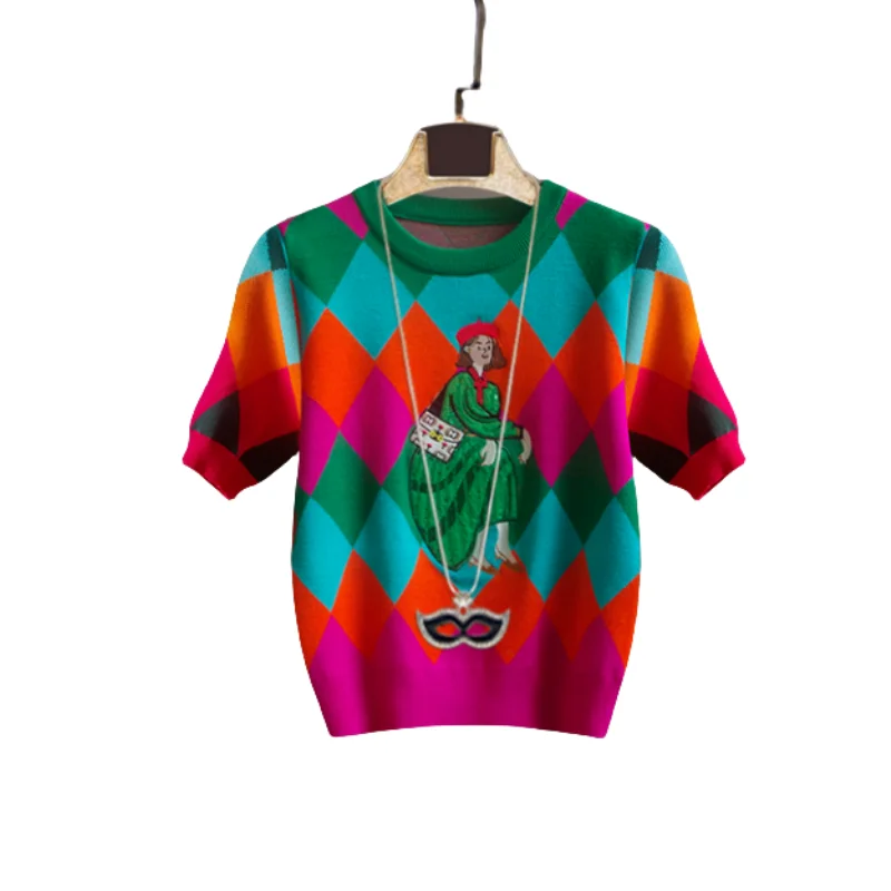 الصيف الترتر محبوك تي شيرت المرأة موضة عادية الكرتون س الرقبة قصيرة الأكمام سترة البلوز السيدات بلايز تيز