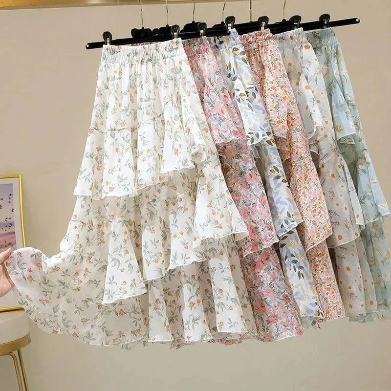 

Summer Fashion Irregular Floral All-match A-line Skirt Ruffles Elastic Waist High Waisted Casual Slim Middle Length Cake Skirt