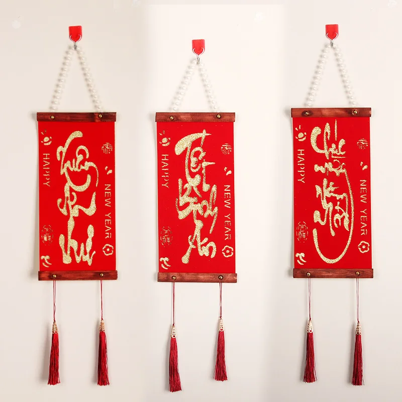 قلادة مهرجان الربيع الفيتنامية لعام 2026 مع زخرفة مخملية متعددة الطبقات لتزيين العام الجديد