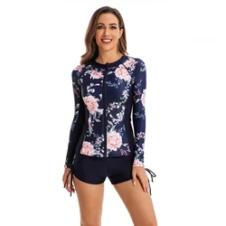 Woman Swimsuit Set Long Sleeve Print Bathing Suit+Shorts 2 Pieces Suit Female Surfing Suit Quick Dry Swimwear Suits Beach Wear
