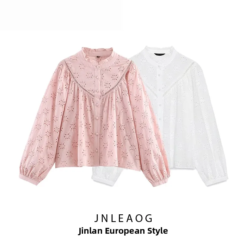 

Женская модная рубашка JNLEAOG с вышивкой и ажурными вставками, осенняя новинка, с рукавами-фонариками, из полиэстера, с длинным рукавом