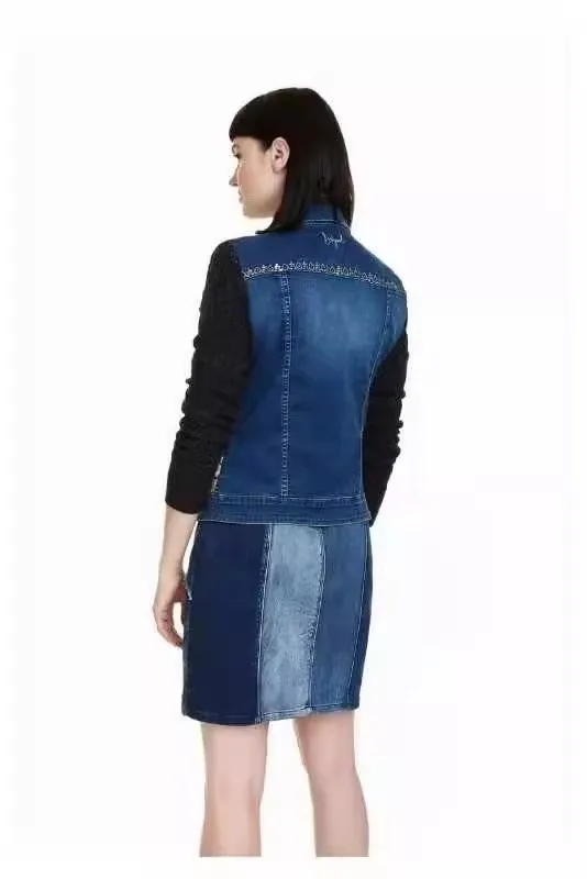 Spanish brand embroidered denim stitching wool sleeve jacket heavy industry