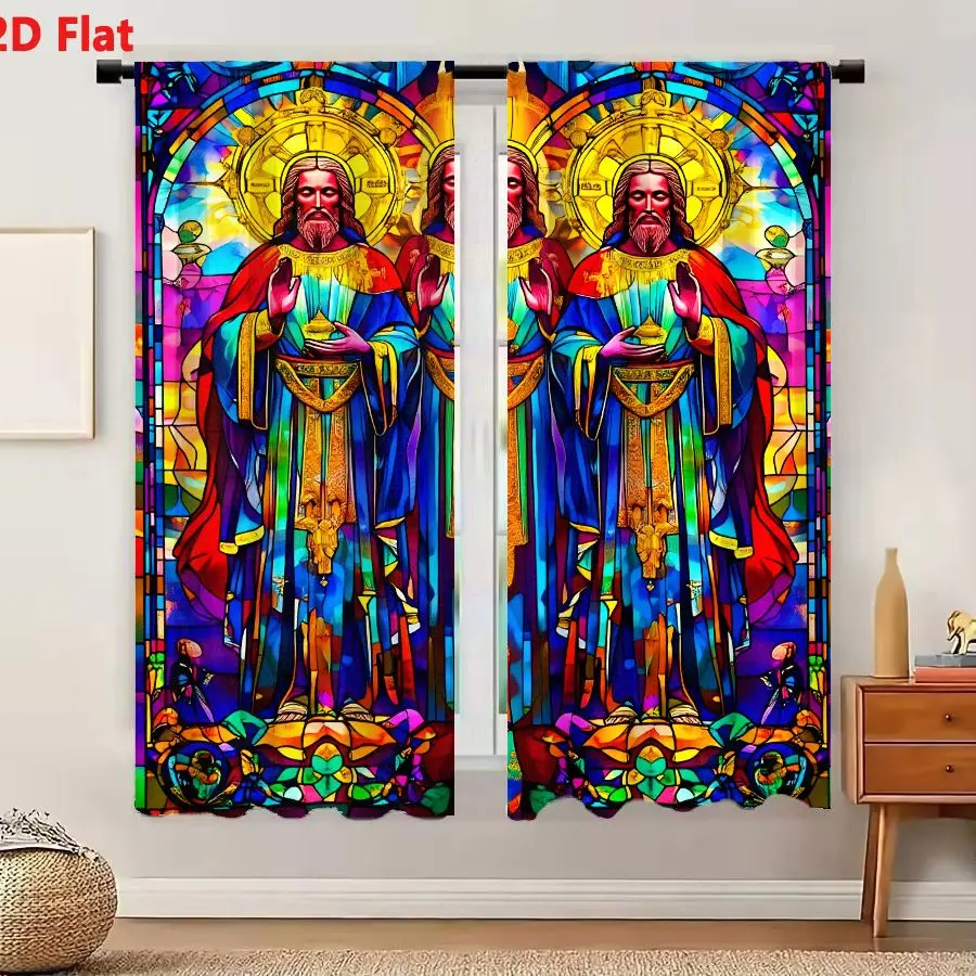 2Pcs Curtains 2D Flat Three Male Figures In Stained Glass With Halos And Robes Window Drapes for Bedroom Room Decor Decoration W