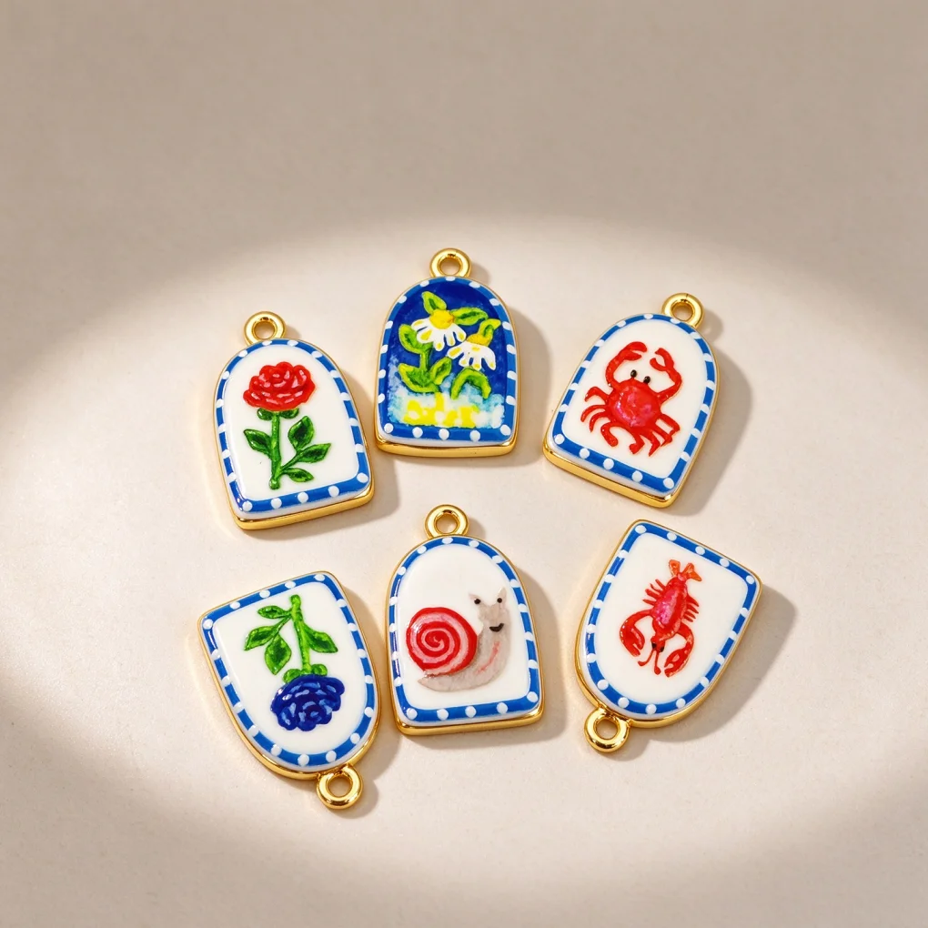 4Pcs Pendants Gold Plated Enamel Arch Shield Floral Crab Snail Print Charms DIY Jewelry for Necklace Bracelet Making Accessories