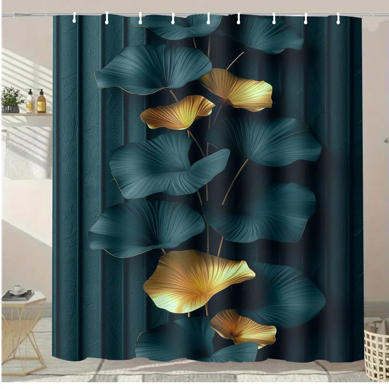 

3D Tropical Leaves Shower Curtain With Gold And Teal Design Bathroom Decor Waterproof Fabric Modern Nature Inspired Art Print