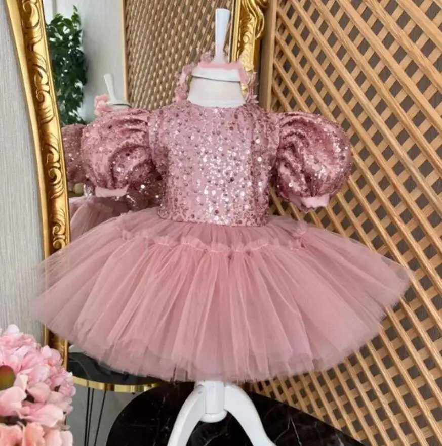 

Pink Glitter Sequined Baby Girl Dress Puff Sleeve O Neck Knee Length Little Princess Girls Birthday Party Gown Christmas Gift