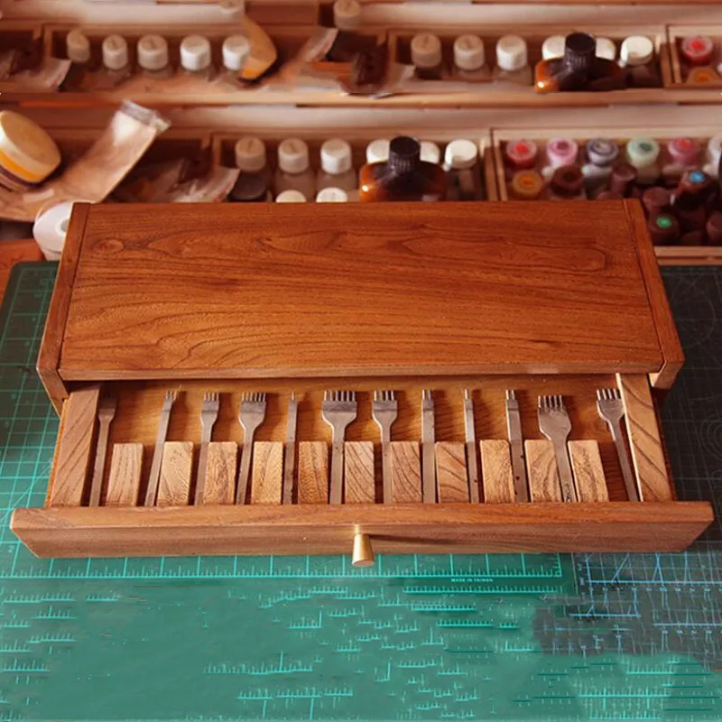 Leather Piercing Iron Storage Rack 10 Compartments Solid Elm Storage Box Drawer Stand DIY Handmade Leather Craft Punch Tool