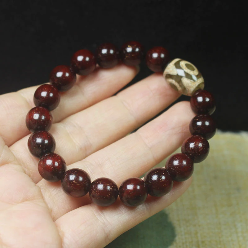 Zambian Purple Sandalwood Golden Star Blood Sandalwood 10mm Bracelet with Dzi Beads for Men and Women, Sandalwood Buddhist Praye