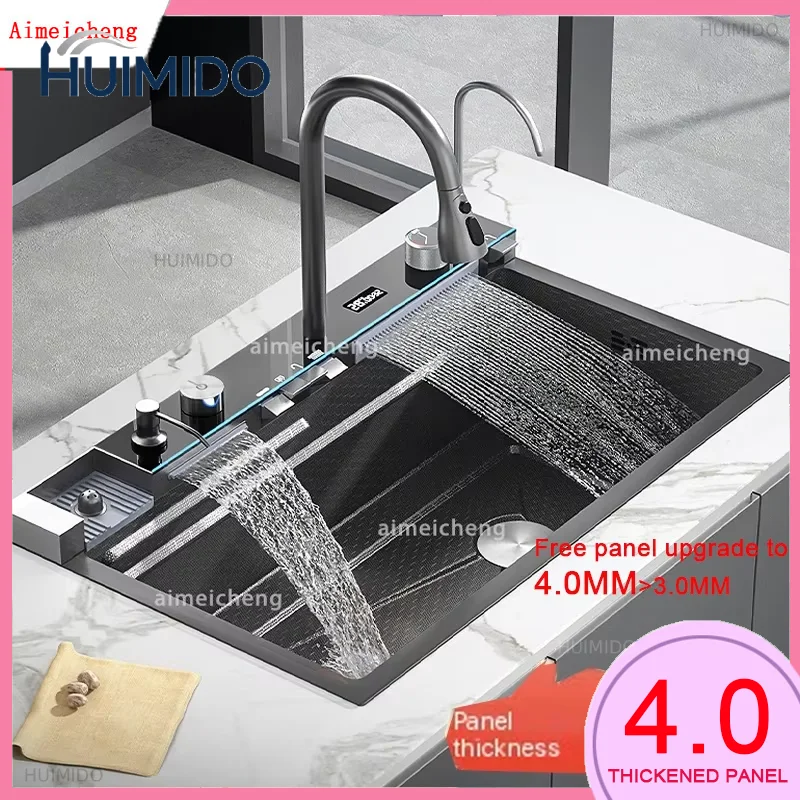 Waterfall Sink Kitchen Stainless Steel Topmount Sink Large Single Slot Wash Basin With Multifunction Touch Waterfall Faucet
