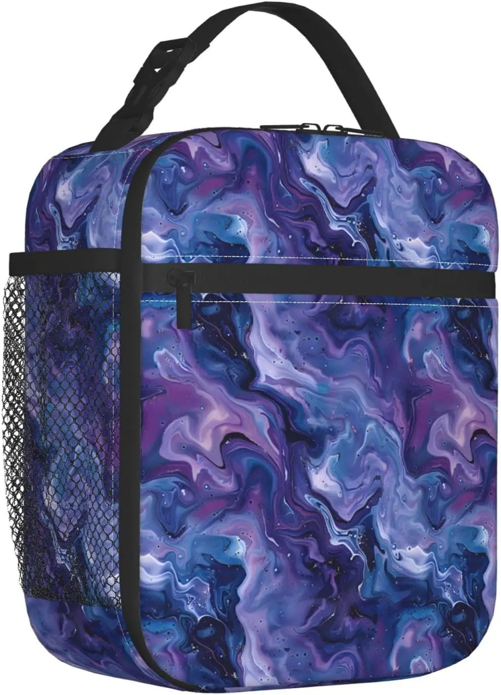 Reusable Lunch Bag for School, Office, Work, Picnic, Travel, Purple and Blue Marble