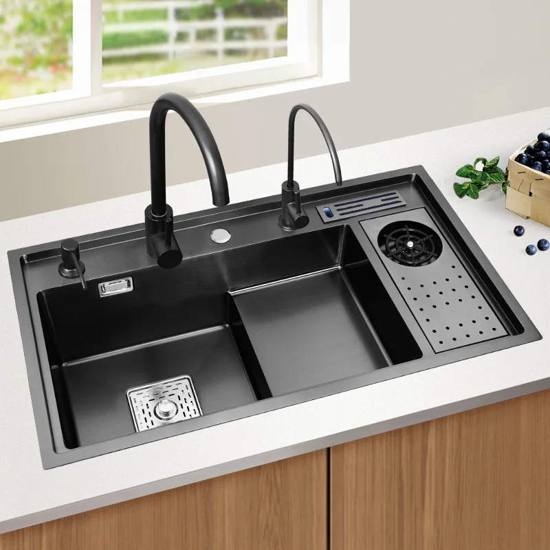 Multi-function Large Black Step Kitchen Sink 304 Stainless Steel Handmade High and Low Step Wash Kitchen Sink with Cup Rinser