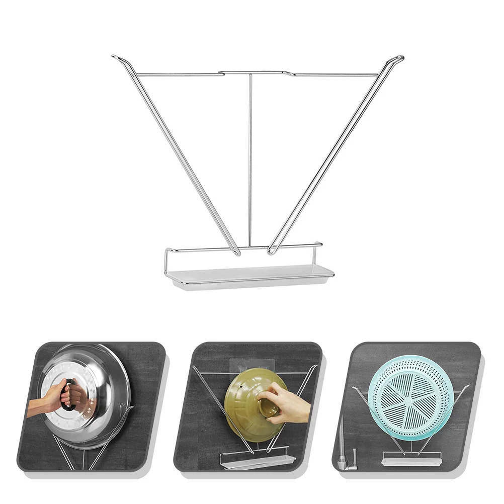 

1Pcs Pot Lid Rack Wall-Mounted Punch-Free Stainless Steel Kitchen Organizer Pot Cover Drying Rack with Water Tray for Cleaner