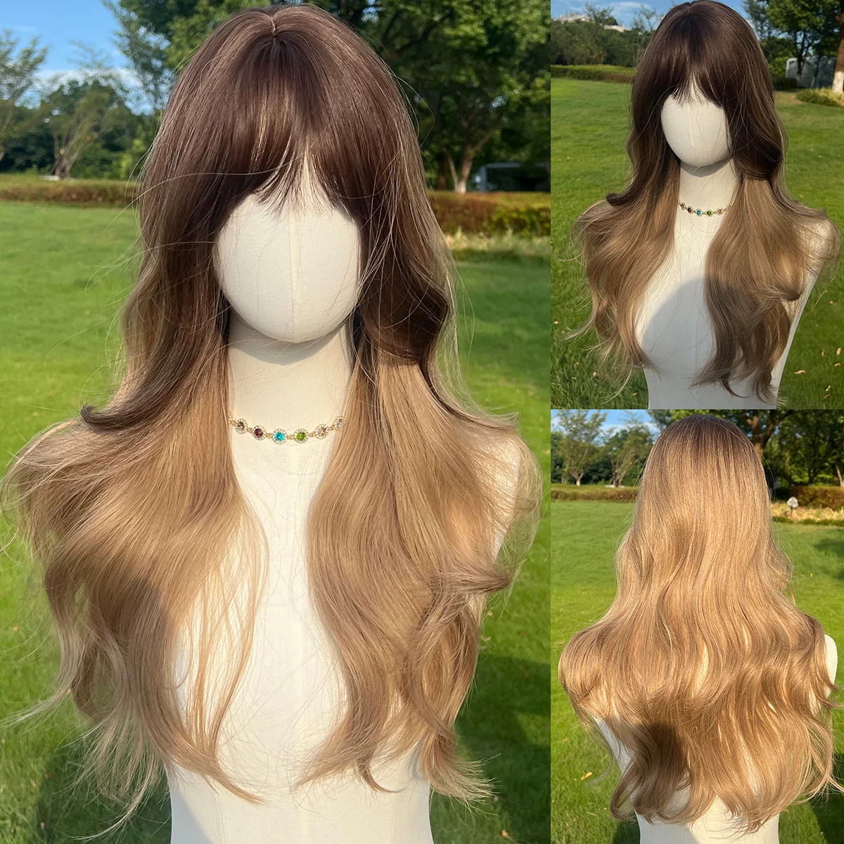 Smilco Long Wavy Brown Wigs With Straight Bangs For Women Cosplay Party Daily Cosplay Synthetic Fake Hair Heat Resistant Wig