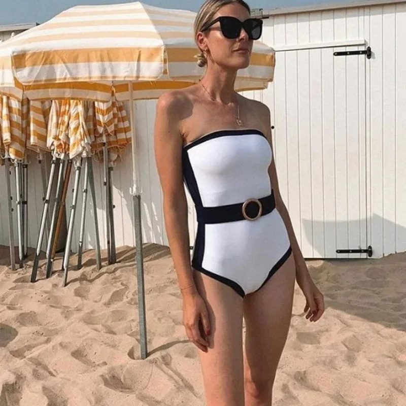 Nieuwe Effen Kleur Badpak Vrouwen Badmode Strapless Wrap Bikini Elegante Monokini Zomervakantie Badpak Strandkleding