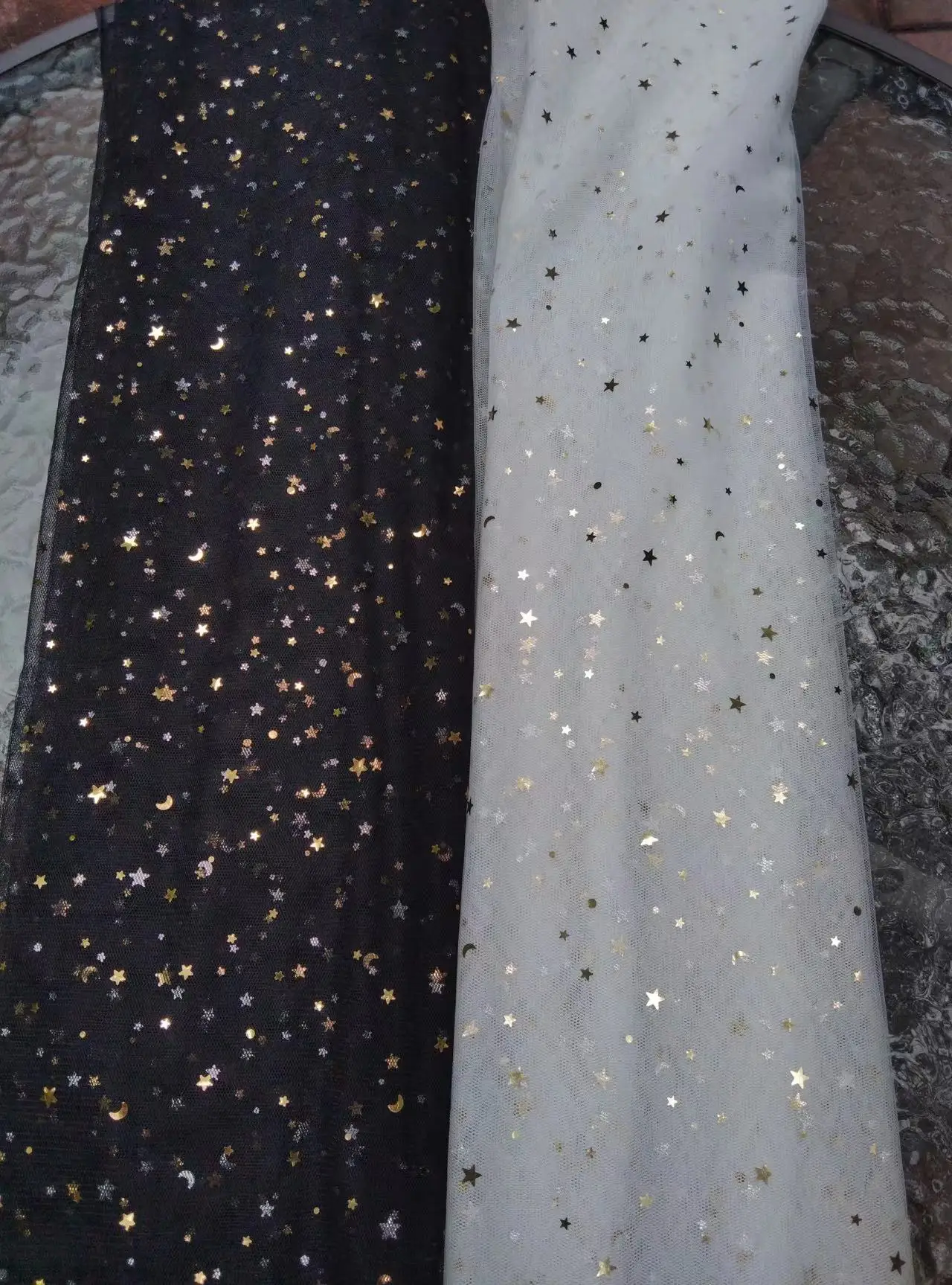 1 Yard Black Sparkle Tulle Lace Fabric with Starts and Moon Sequined for Party Decoration,Sparkling Galaxy Dance Costume