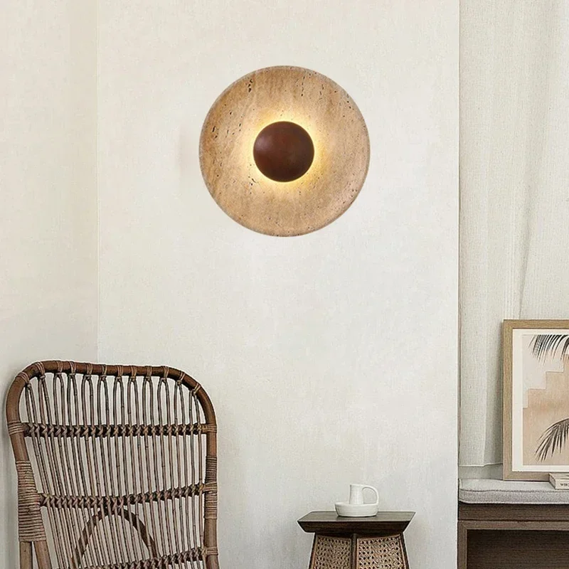 Modern Natural Stone Wall Light Sconce, Dark Wood 25cm 110-220V Atmosphere Lamp for Foyer Dining Room Bedroom Stairs Aisle Halls